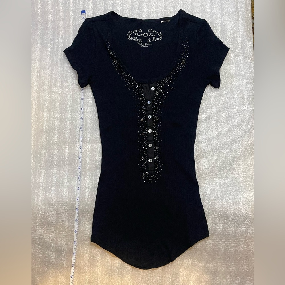 New Era Black Short Sleeve Ribbed Henley Top – Juniors Medium - Picture 10 of 14